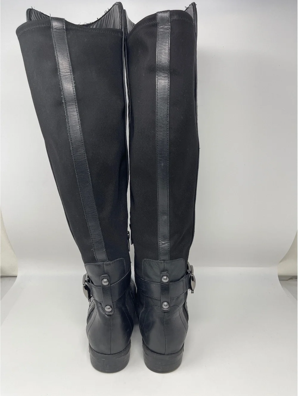 Black Leather Over The Knee Boots 9 Quilted Front Buckle Stretch Back Low Heel